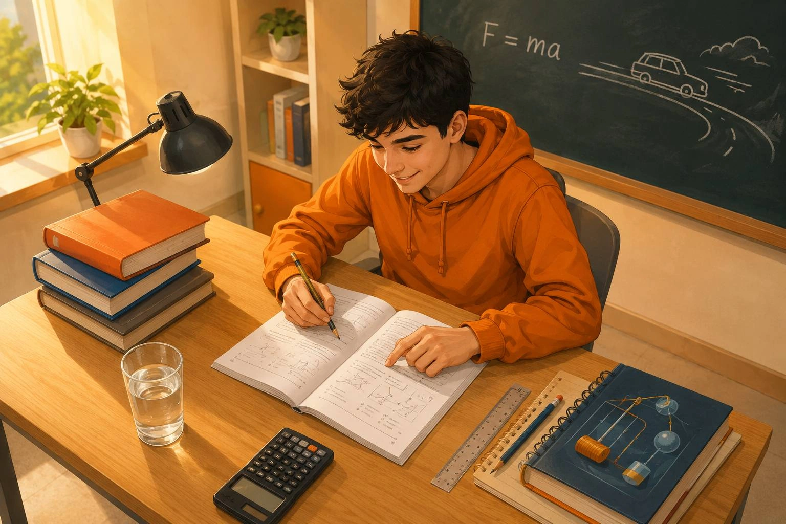 تست-زدن-فیزیک-کنکور.jpg نوجوان در حال تست زدن فیزیک کنکور با استفاده از تکنیک‌های قصه‌گویی و مثال‌های روزمره
